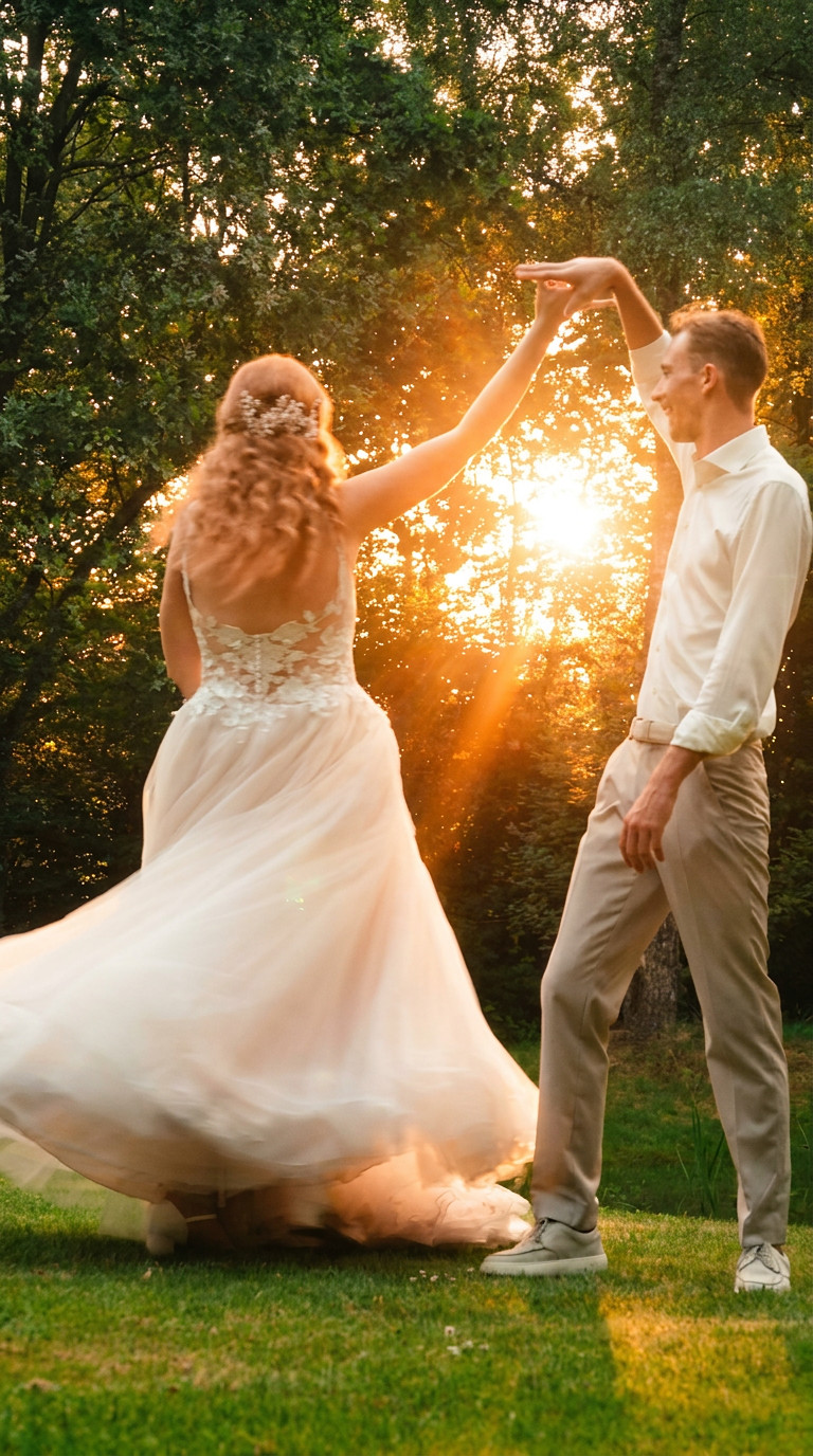 Bruidspaar danst in het zonlicht